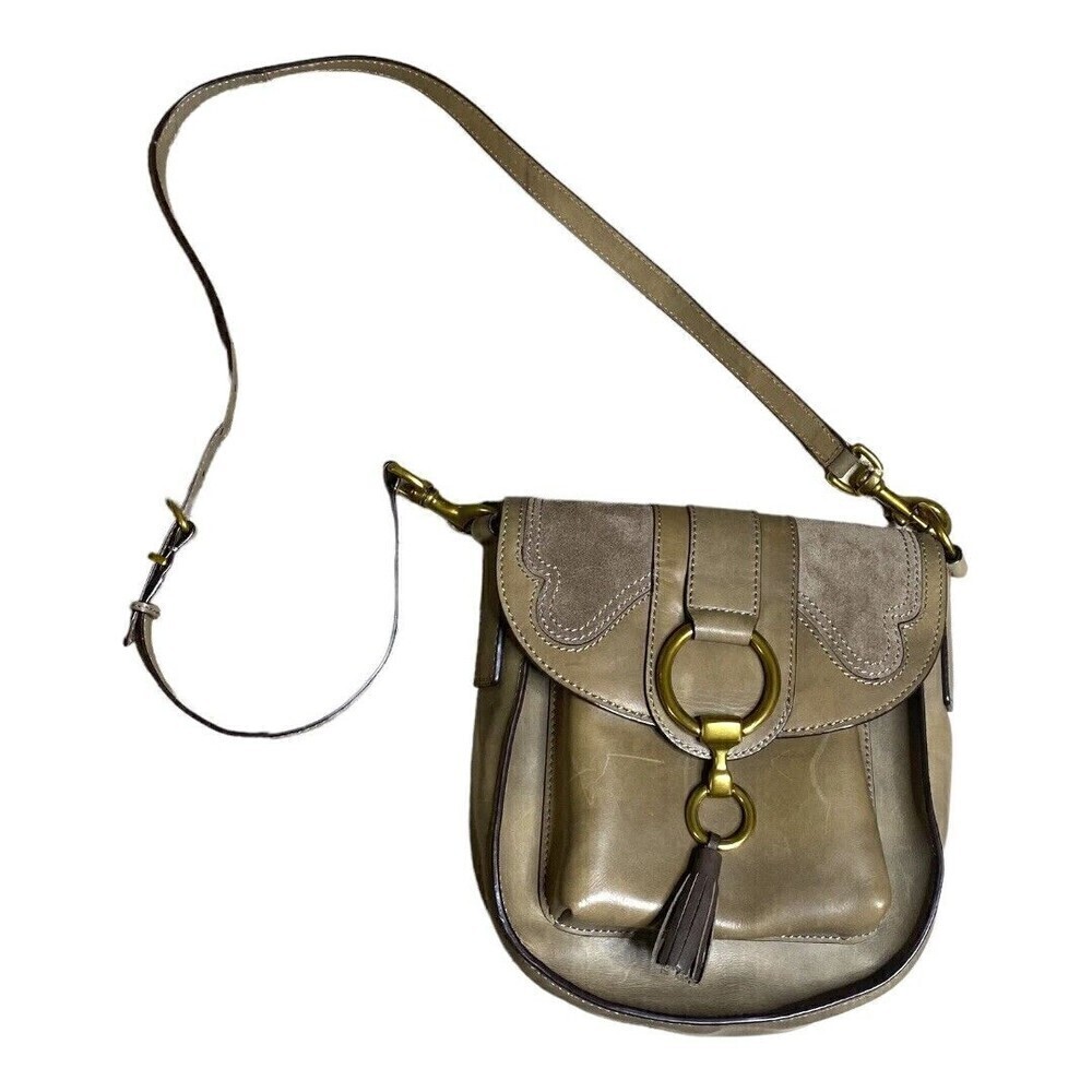 FRYE Ilana Green Gray Taupe Leather Saddle Crossbody Bag  Bohemian Casual Tassel - Picture 2 of 16